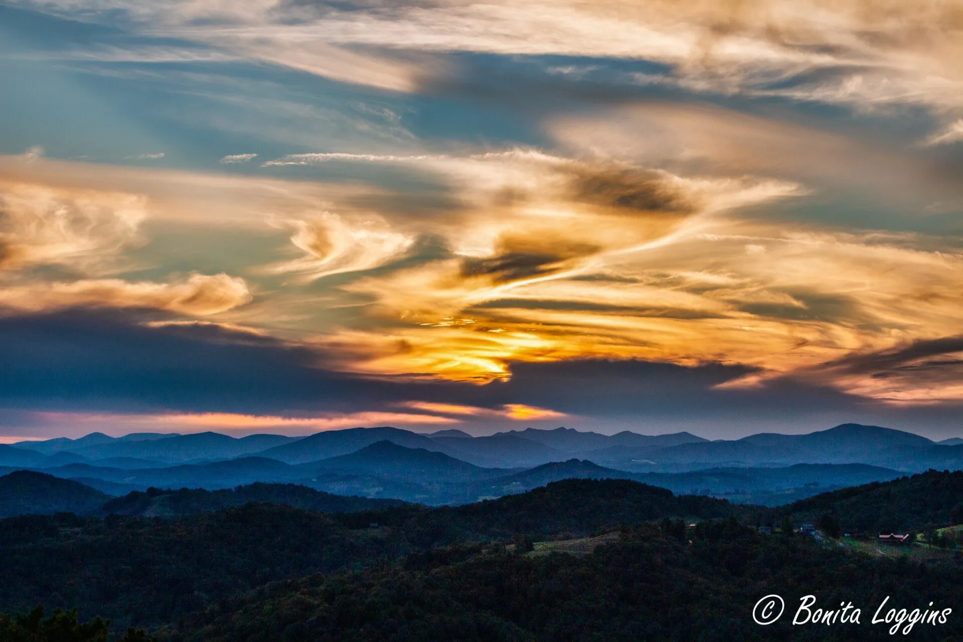 the Blue Ridge Mountains in the soft light of sunset